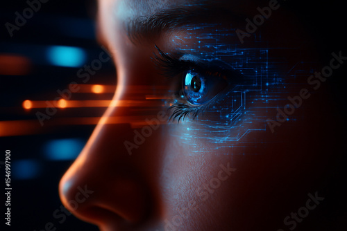 AI generated photorealistic close-up of a female eye with digital overlays and glowing data streams symbolizing futuristic analysis perception and human AI interface