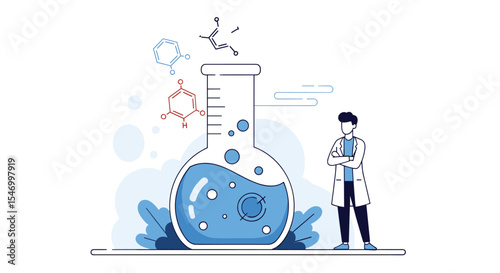 Scientist character conducting an experiment in laboratory scientific research chemical vector design