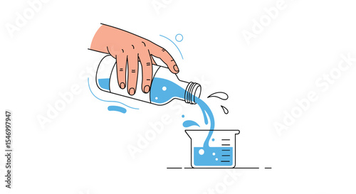 Pouring liquid from bottle into beaker vector illustration science experiment design graphic