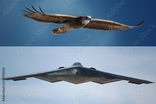 The B-2 bomber is flying in the sky, and there's an eagle on its back; it looks exactly like the eagle, with feathers, wings, tail, body shape, and color. It has no flapping arms or legs. The top phot