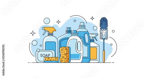 Various cleaning supplies arranged together to suggest cleanliness in the home and business