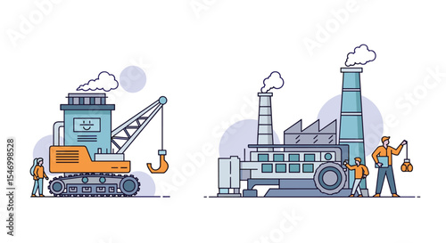 Vector Illustration of a construction site with a crane and a factory