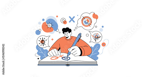 Creative process illustration vector design showing person sketching ideas thinking creativity and planning