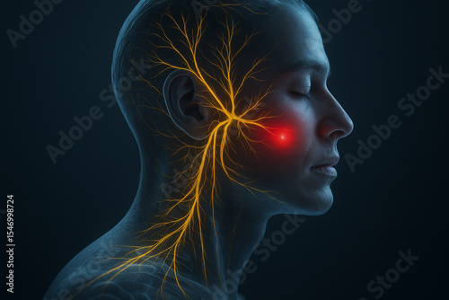 AI generated medical sci-fi style rendering of human face in profile view showing trigeminal nerve highlighted in yellow with red pain point on cheek in dark clean background