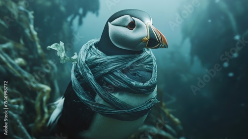 seabird struggling with plastic rings wrapped around its neck, heartbreaking scene,