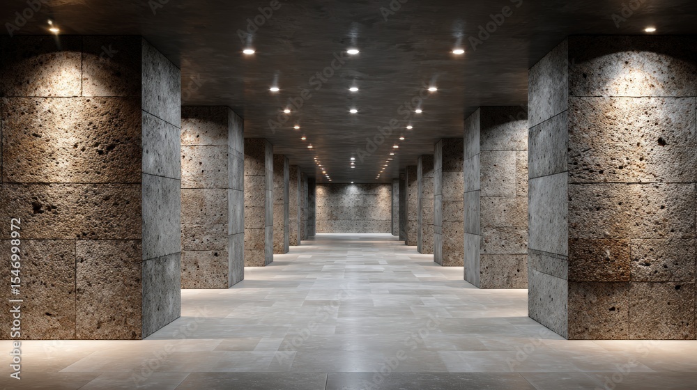 Fototapeta premium Modern Concrete Tunnel Corridor Industrial Interior Design Architectural Photography