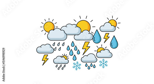 Weather vector design illustrating sun clouds rain snow and lightning elements isolated