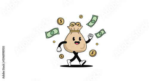 Animated money bag mascot with floating coins and dollar bills vector illustration