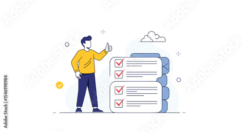 Man checking large checklist for process management vector illustration and design element