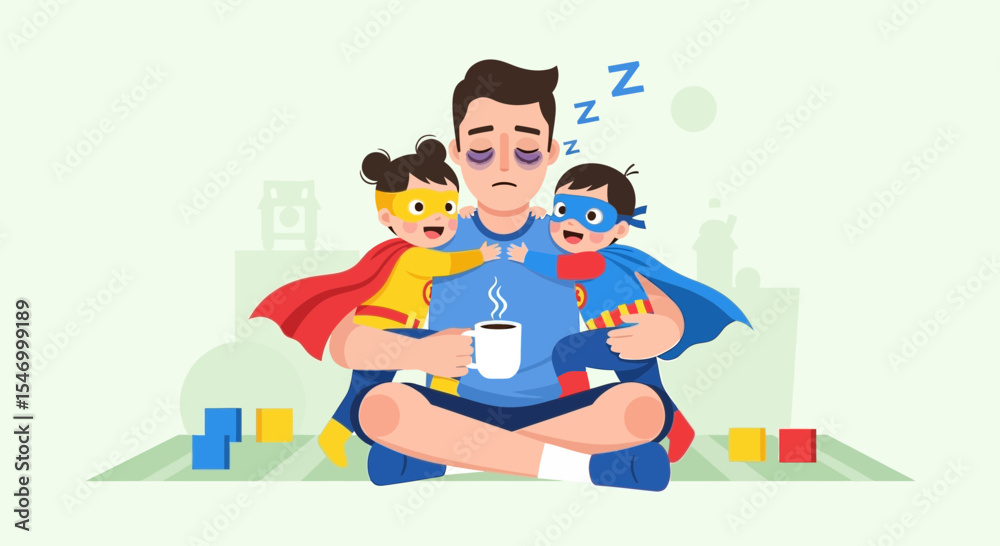 Fototapeta premium Father's day tired dad superhero with kids vector illustration for parenting and family lifestyle blog post material vector