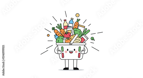 Happy shopping cart full of healthy and fresh groceries for healthy life style