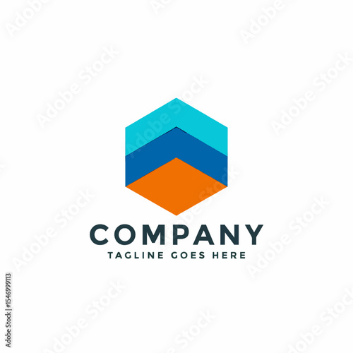 Abstract hexagon logo composed of three colorful layers pointing upwards on transparent background , no background