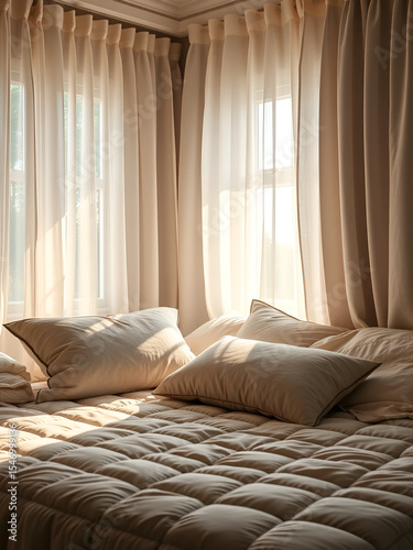 A hyper-realistic bedroom with sunlight streaming through sheer curtains, revealing intricate textures of a quilted bedspread and fluffy pillows