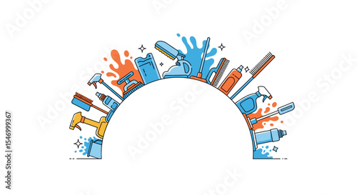 Illustrative vector design of household cleaning supplies and equipment for cleaning purposes