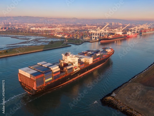 Wall Mural Aerial view of a container ship sailing into the Port of Oakland, California, USA