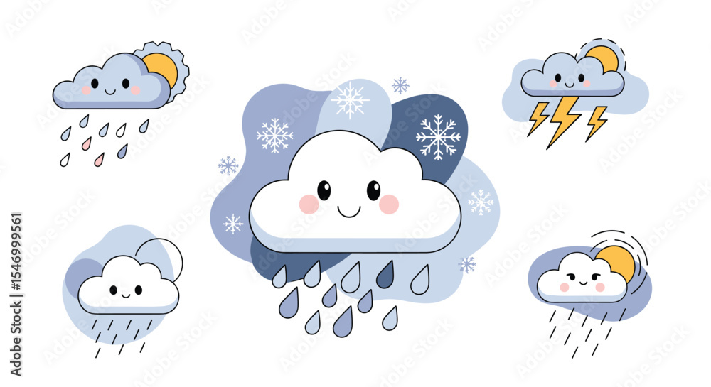 Fototapeta premium Weather icons set with cute clouds sun snow rain lightning isolated vector art