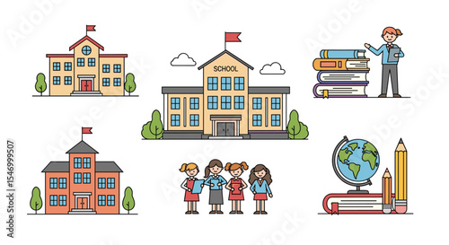 Education and school vector illustration set with educational objects buildings students and teacher