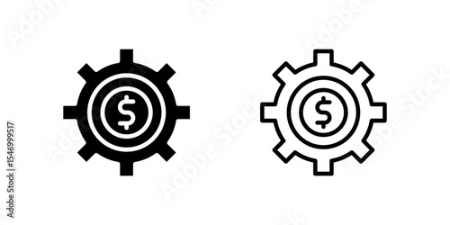 Professional money management icons featuring dollar symbol inside gear mechanism for financial automation and wealth management apps