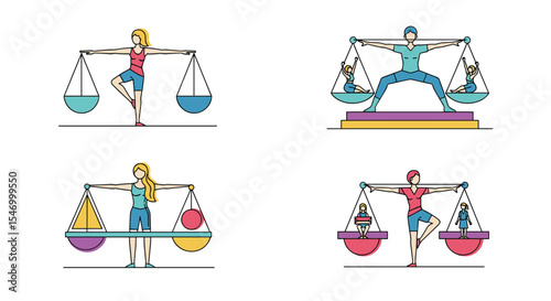 Conceptual vector images of people balancing scales on their shoulders and heads