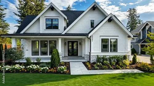 Modern suburban house with landscaped garden, surrounded by trees and a clear blue sky