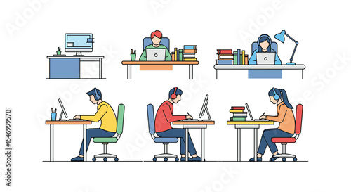 People working at desks with computers and other office supplies flat design