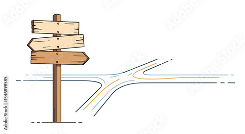 A simple wooden signpost directing travellers at a fork in the road choice