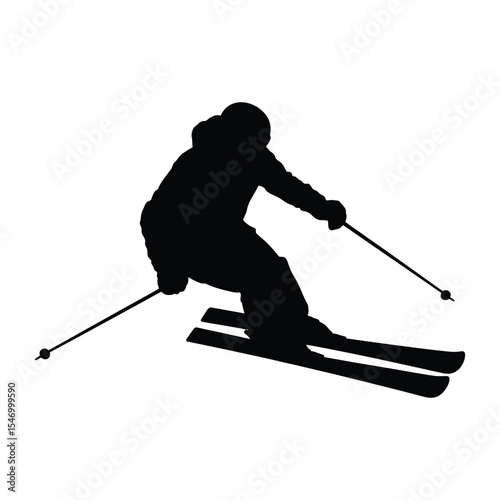 Silhouette of Downhill Skier in Action with Poles on Slope Winter Sport Illustration

