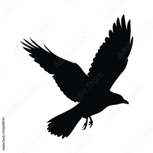 A  illustration of a black silhouette of a crow or raven in flight.