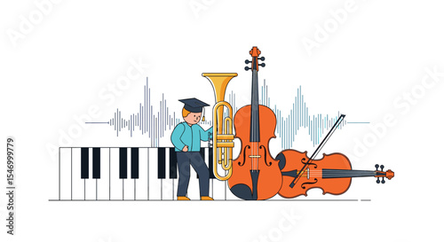 Vector design featuring a musician with musical instruments and piano keys illustration