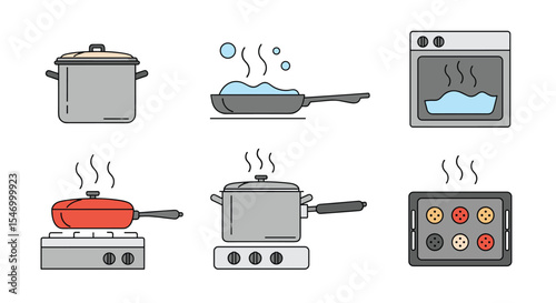 Diverse cooking vessels and appliances vector design set of illustration for kitchen