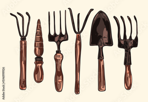  Vintage Rustic Garden Tools Set Illustration