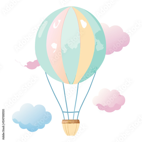 A charming illustration of a hot air balloon in soft pastel colors, surrounded by fluffy clouds.