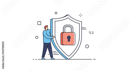Man stands with a shield and padlock representing internet security protection technology