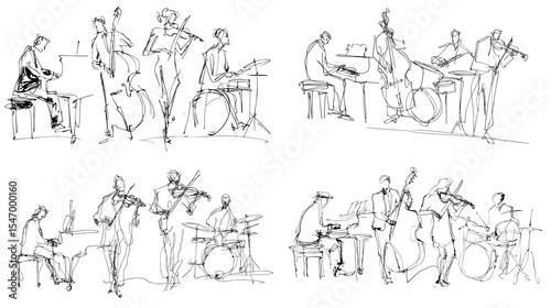 Hand-drawn line art of jazz musicians performing with piano, drums, bass, and violin. Perfect for music posters, concert flyers, artistic decor, and jazz-themed creative content