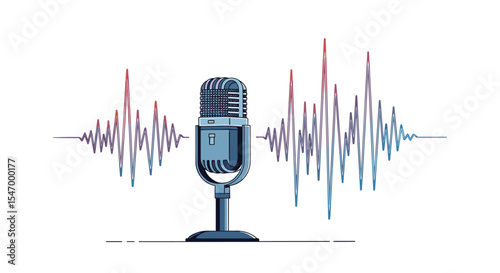 Vintage microphone with sound waves in a modern vector design concept illustration