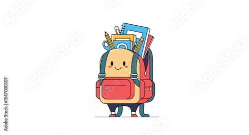 Adorable animated backpack character filled with school supplies for back to school season