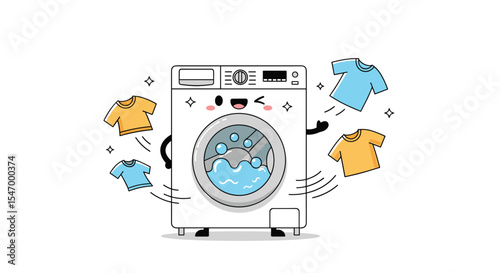 Happy laundry machine with clean clothes whimsical design vector illustration concept