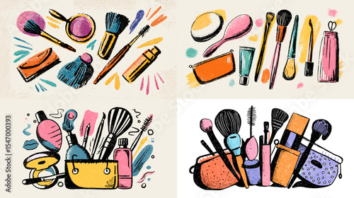 Colorful hand-drawn makeup tools and cosmetic bags illustration set. Includes brushes, lipsticks, powders, and accessories—perfect for beauty content, skincare, and fashion design.