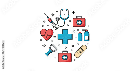 Circular vector arrangement of various medical supplies and instruments for healthcare
