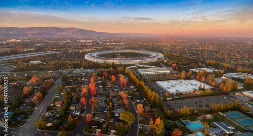 Aerial view of Apple Park headquarters in Santa Clara, California, USA. The circular building is surrounded by trees in autumn colors at sunset.