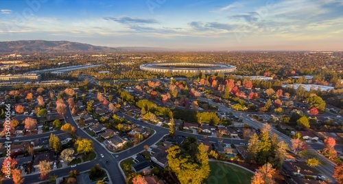 Aerial view of Apple Park, the corporate headquarters of Apple, surrounded by residential neighborhoods in  Santa Clara, California, USA