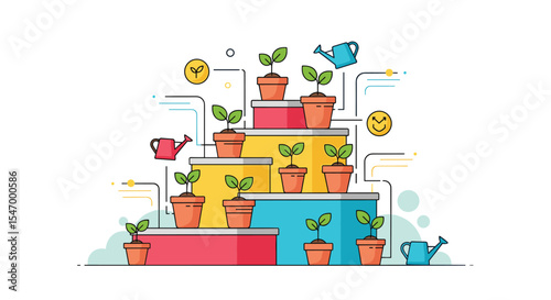 Vector illustration of plants in pots on levels with watering cans decorating