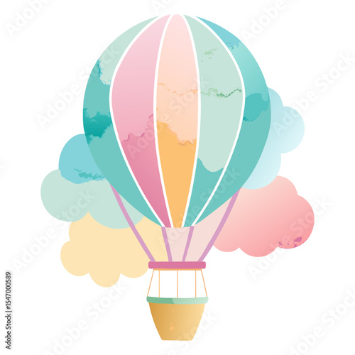 A delightful illustration of a hot air balloon in soft pastel colors, surrounded by watercolor-style clouds.