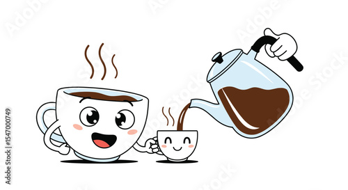 Animated vector illustration of a large cup pouring coffee into a smaller cup
