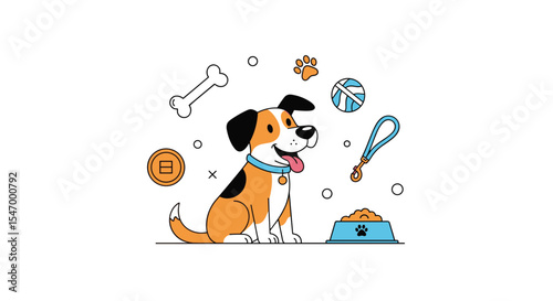 Charming cartoon dog illustration playing with toys and eating from a bowl