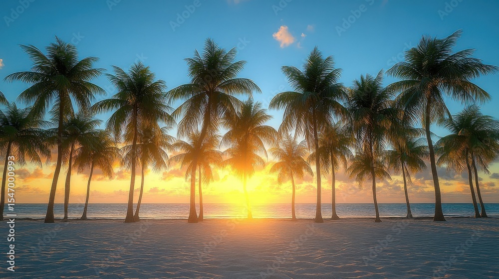 Obraz premium Golden Beach Sunrise With Palm Trees In A Tropical Paradise Island