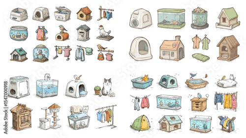 Cute hand-drawn illustration set of pet houses, aquariums, cages, and animal care items. Perfect for pet care content, animal shelter design, and home setups for small pets.