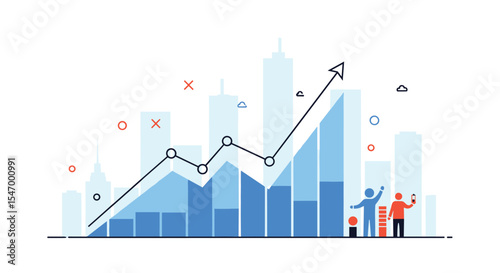 Illustrated diagram of financial growth with figures and city view background design