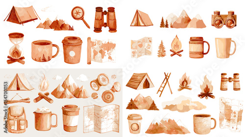 Monochrome hand-drawn camping illustration set featuring tents, campfires, mugs, maps, mountains, and gear. Perfect for outdoor adventure, travel icons, and hiking projects.