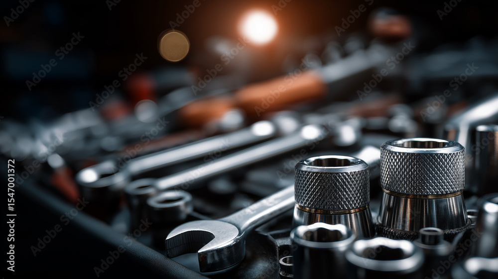 Naklejka premium Automotive engine close-up with tools on workbench, precision and craftsmanship in focus.